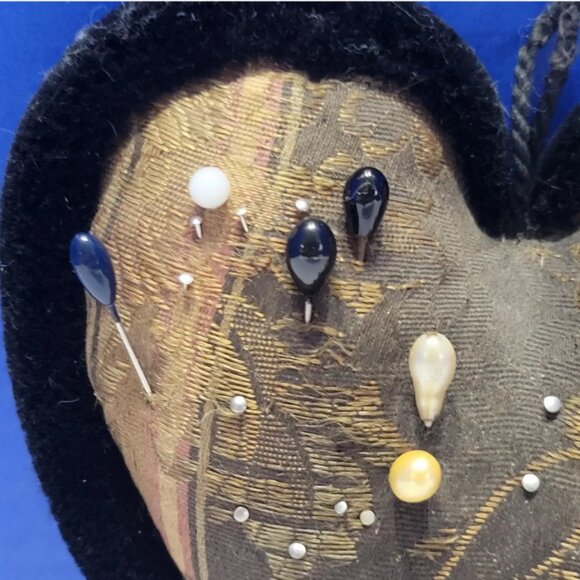 Antique Victorian Heart Shaped Black Velvet Pin Cushion with Pins - Picture 2 of 5